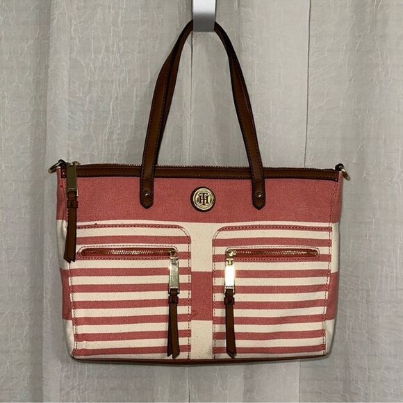 TH Ivory Coral Pink Brown Canvas Stripe Faux Leather Trim Medium Tote Handbag - Picture 1 of 15